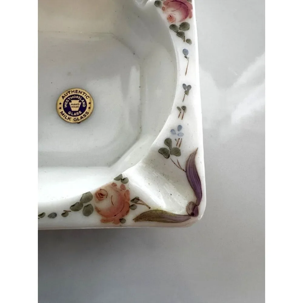 Vintage Westmoreland milk glass ashtray; painted roses